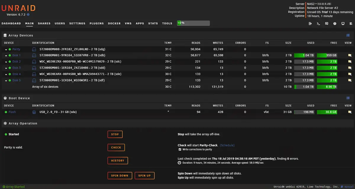 Unraid 6.7.2 interface showing the Thecus NAS disk array and parity status